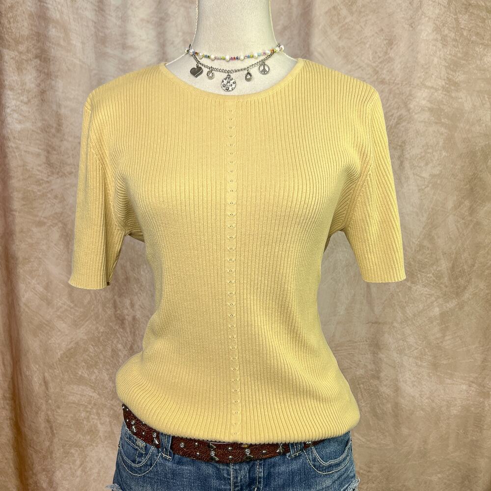 Short Sleeve Ribbed Sweater Yellow Cable Knit Stripe Vintage 90s Preppy Fall